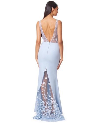 Jarlo Allegra Sheer Floral Embroidery Maxi Dress With Deep V Front & Back Neckline - Blue