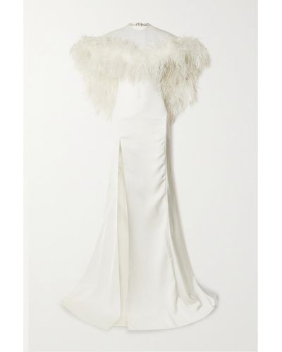 The Attico Airi Cape-effect Feather-trimmed Cutout Satin Gown - White